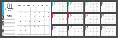 Monthly calendar 2023. Calendar 2023 template planner minimalist. Colorful planner 2023 with calendar. Vector illustration. Blank white notebook page A4. Printable template. Week Starts on Monday