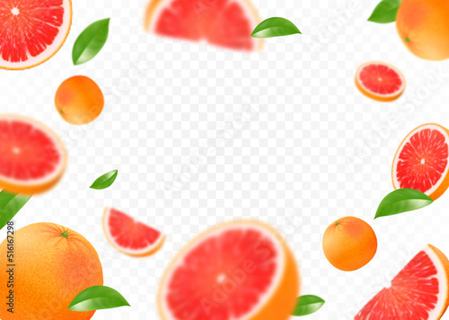 Fototapeta Naklejka Na Ścianę i Meble -  Realistic 3d flying grapefruit on transparent background. Fruit citrus background. Isolated whole and pieces of juicy fruit with leaves. Blurry objects. Vector seamless pattern for advertising.