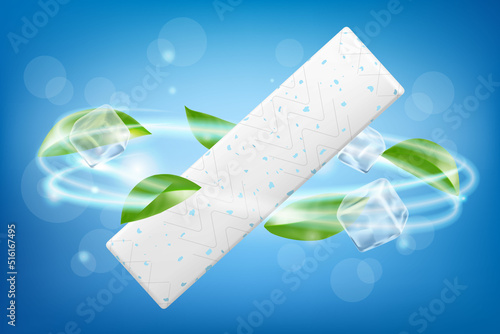 Chewing gum, with ice cubes and mint leaves. Green leaves spearmint for fresh breathing. Refreshing sweet candy, isolated on white background. Realistic 3d vector