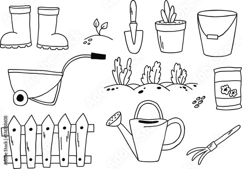 Vector set of garden things, tools, plants. Collection of gardening equipment handdrawn elements.