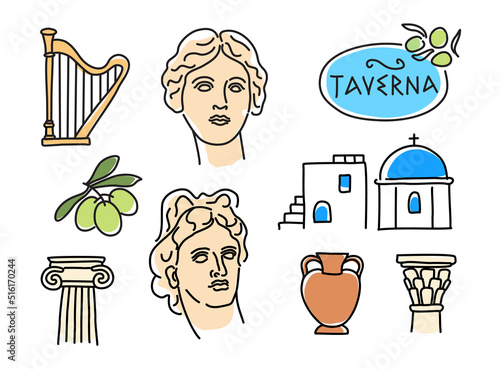 A set of vector images on the theme of Greece in a linear style. Vector icons in doodle style.
