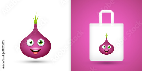 Red Onion on white tote bag. Vector