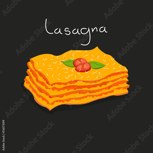 Italian lasagna dish served with sauce and basil on the top vector illustration. On a black background
