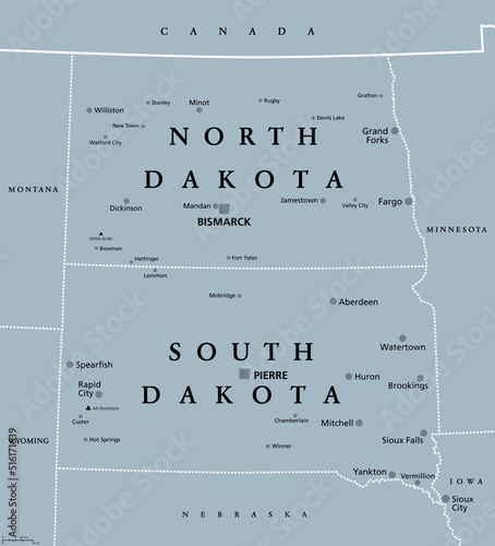 The Dakotas, gray political map. Collective term for the US states of North Dakota and South Dakota, in the Upper Midwest and North Central. Used to describe Dakota Territory and collective heritage.