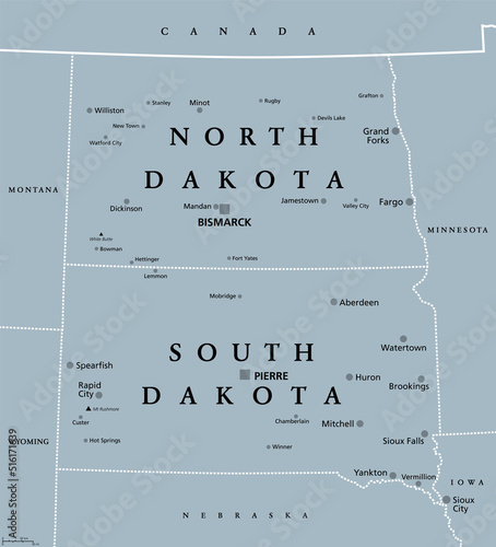 The Dakotas, gray political map. Collective term for the US states of North Dakota and South Dakota, in the Upper Midwest and North Central. Used to describe Dakota Territory and collective heritage. photo