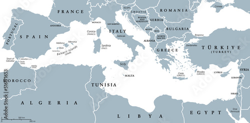 Fototapeta Naklejka Na Ścianę i Meble -  The Mediterranean Sea, gray political map with international borders, countries and islands. Connected to the Atlantic Ocean, surrounded by the Mediterranean Basin, almost completely enclosed by land.