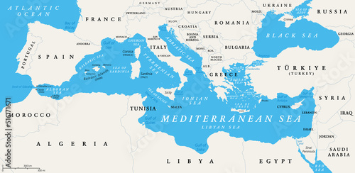The Mediterranean Sea subdivisions, political map with straits, countries and the Black Sea. Connected to the Atlantic Ocean, surrounded by the Mediterranean Basin, almost completely enclosed by land.