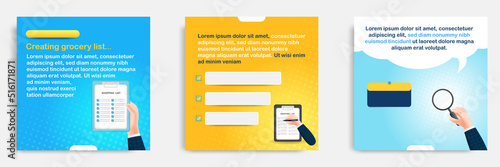 Social media post banner template, tips, tutorial, wisdom, advice, in 3D cartoon style. Shopping list concept