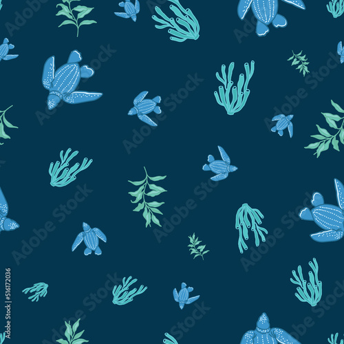 Vector seamless pattern with decorative ocean turtles coral and sea plants. isolated on a darkblue background. Decorative cute wallpaper, good for printing. Design illustration.