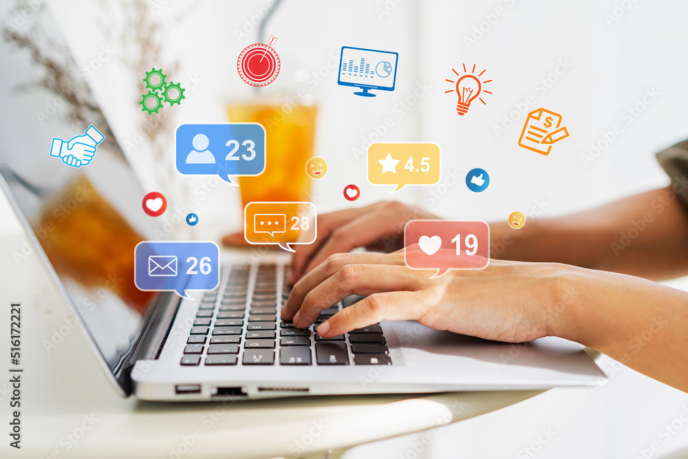 Creative young woman sitting and working on laptop at office, Digital marketing and Business Analytics and Data Management System concepts Creative young woman sitting and working on laptop at office, Digital marketing and Business Analytics and Data Management System concepts