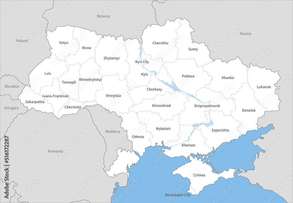 ウクライナの州境のある地図、近隣国、英語の地名