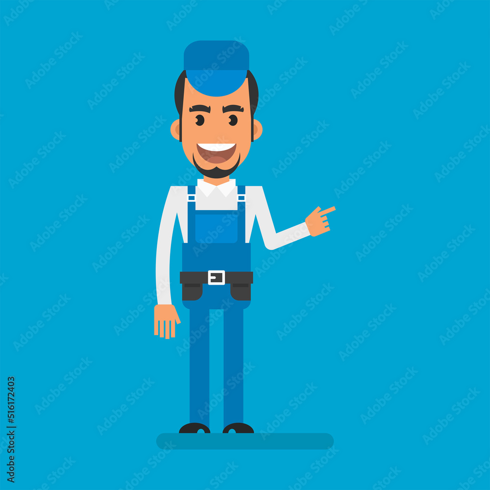 Repairman points finger at and smiles. Flat people. Vector Illustration