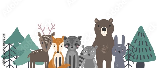 Cute Scandinavian style Animals and design elements. Colorful modern illustration with place for text, birthday greetings, horizontal banner for the holiday. 