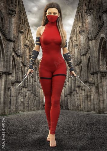 Portrait of a masked fantasy female known as the mysterious red assassin , walking through the inner ruin streets and equipped with two sai's. 3d rendering
 photo