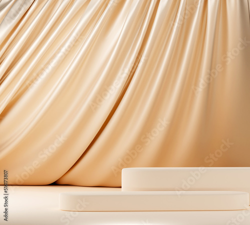 Beige pastel podium with pink flying fabric, cloth background