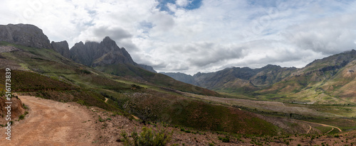 Panoramic view of scenic mountains and valleys in Jonkershoek nature reserve, Western Cape, South Africa. photo