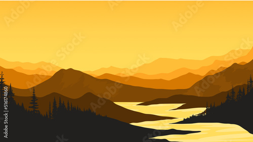 Mountain forest landscape vector illustration, orange gradient mountain silhouette.