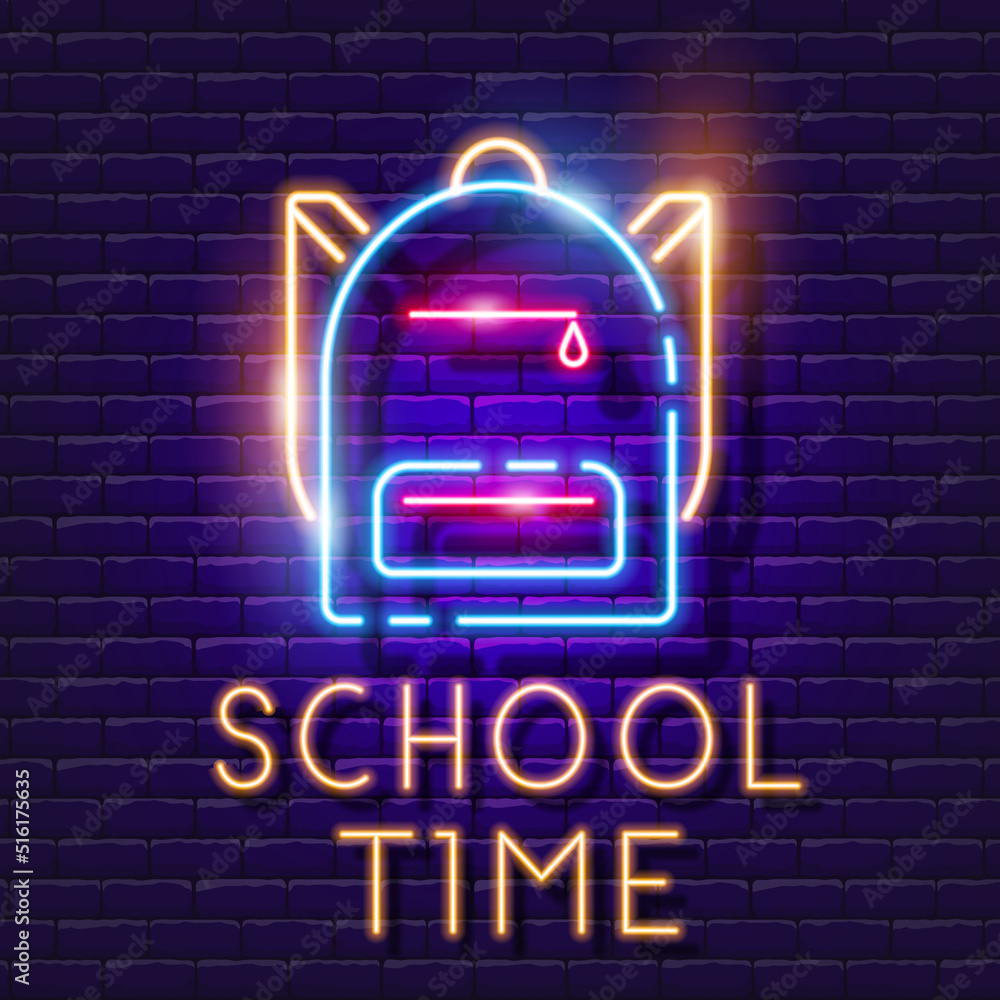 School time neon sign. Backpack for school, travel, tourism glowing icon.