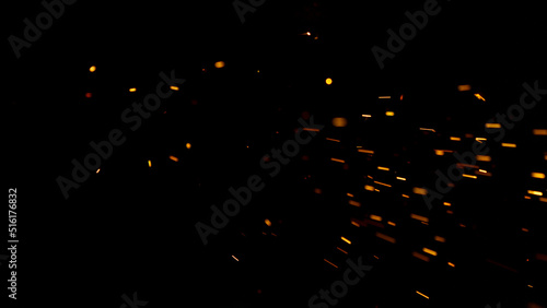 Flying Fire Sparkles. Detail shot, Low Depth of Focus. Filmed on High Speed Cinema Camera, 1000 fps.