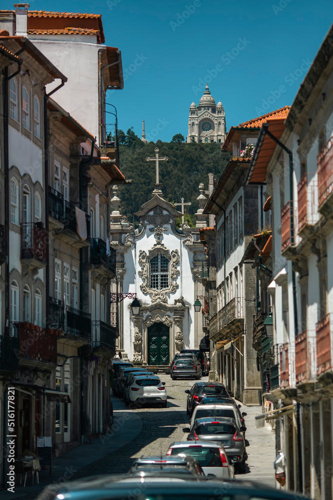 View of a street in the historic center of Viana do Castelo, Portugal.