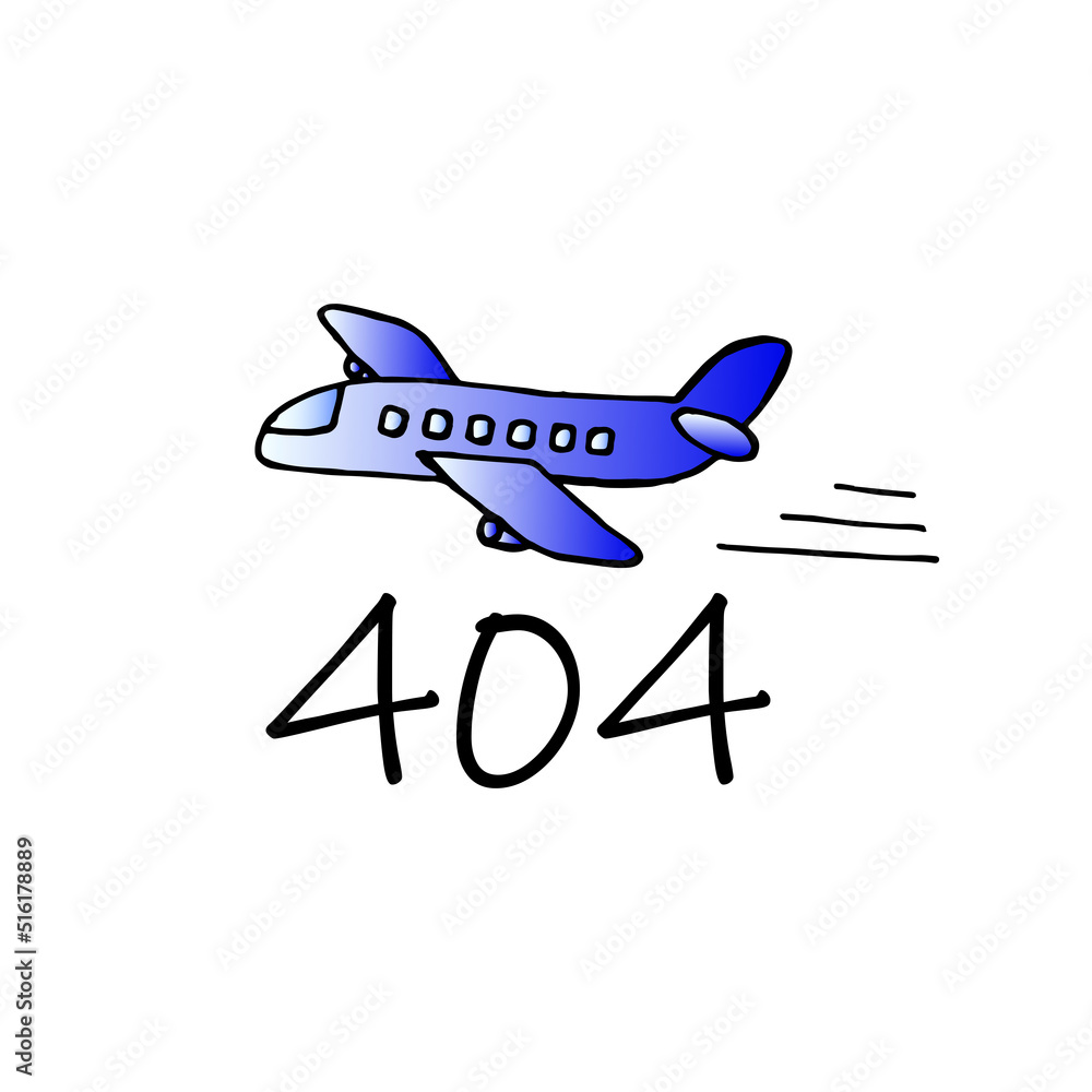 Error 404 hand drawn blue airplane page web gradient. Not found, system, updates, downloads, operations, installers. System maintenance. Flat vector illustration of modern character Error 404 hand drawn blue airplane page web gradient. Not found, system, updates, downloads, operations, installers. System maintenance. Flat vector illustration of modern character