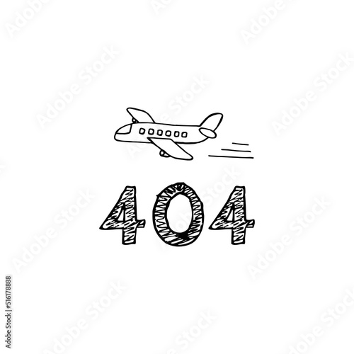 Error 404 hand drawn airplane page web gradient. Not found, system, updates, downloads, operations, installers. System maintenance. Flat vector illustration of modern character