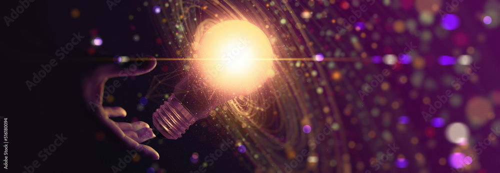 Business woman hand touching lightbulb Introduction of artificial intelligence. Big Data concept.Digital neural network.Cyberspace of future.Science and innovation of technology.