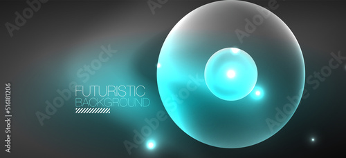 Shiny neon geometric abstract background. Glowing lights on round shapes, triangles and circles. Wallpaper for concept of AI technology, blockchain, communication, 5G, science, business