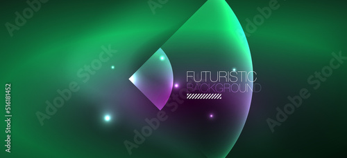 Shiny neon geometric abstract background. Glowing lights on round shapes, triangles and circles. Wallpaper for concept of AI technology, blockchain, communication, 5G, science, business