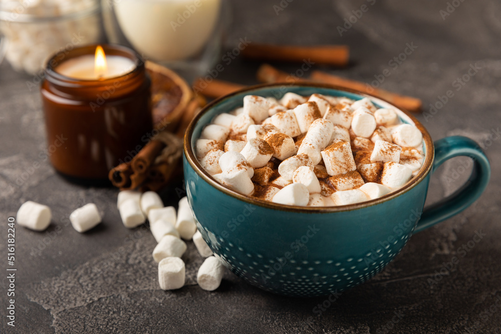 Cup of tasty cocoa drink and marshmallows in blue cup.Spices and marshmallows for winter drinks on black texture table.Winter hot drink.Hot chocolate with marshmallow and spices.Copy space. Cup of tasty cocoa drink and marshmallows in blue cup.Spices and marshmallows for winter drinks on black texture table.Winter hot drink.Hot chocolate with marshmallow and spices.Copy space.