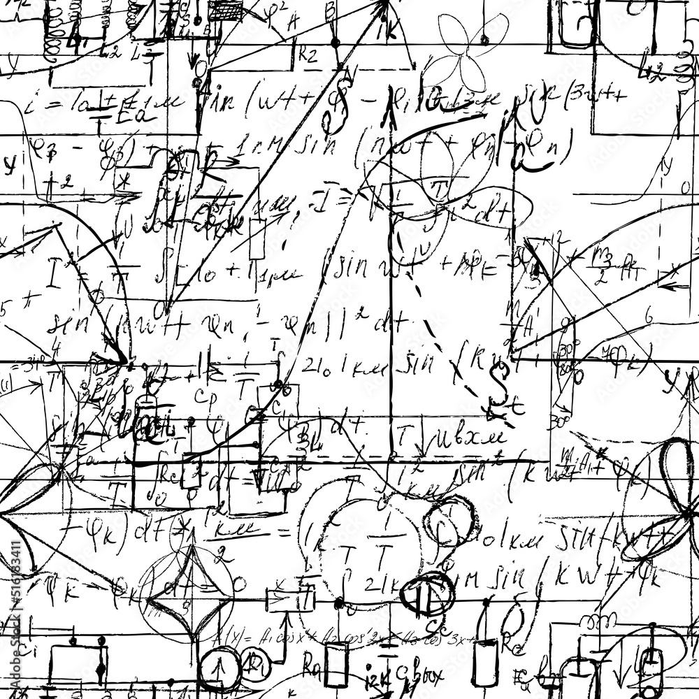 Scientific seamless texture with handwritten formulas and electronic components. Drawing of various graph solutions on white. Physics and schematic diagram and circuit of the devices. Vector. Scientific seamless texture with handwritten formulas and electronic components. Drawing of various graph solutions on white. Physics and schematic diagram and circuit of the devices. Vector.