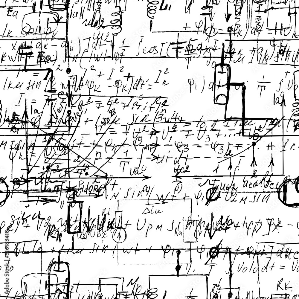 Math seamless board with handwritten mathematical and physics formulas and proves. Vector Math seamless board with handwritten mathematical and physics formulas and proves. Vector