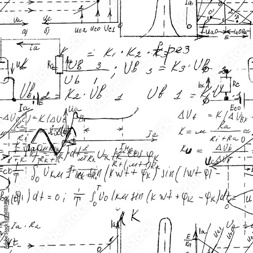 Scientific seamless texture with handwritten formulas and electronic components. Physics and schematic diagram and circuit of  the devices. Vector.
