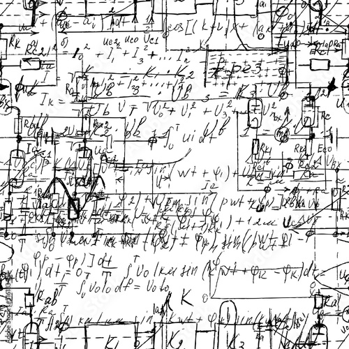 Scientific seamless texture with handwritten formulas and electronic components. Drawing of various graph solutions on white. Physics and schematic diagram and circuit of  the devices. Vector.