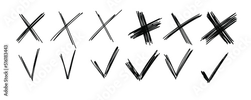 Hand drawn checkmarks crosses signs. Doodle check marks answers in test, confirmation, negation icons. Checklist marks template, voting set. Vector flat sketch illustration isolated on white.