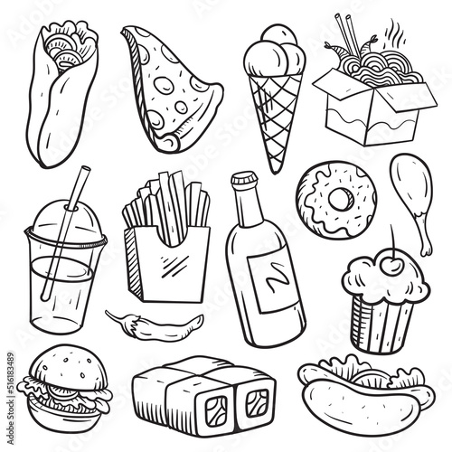 Fast food doodle set. Vector illustration isolated on white background.