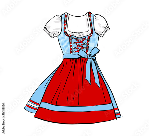 Blaues Dirndl mit roter Schürze