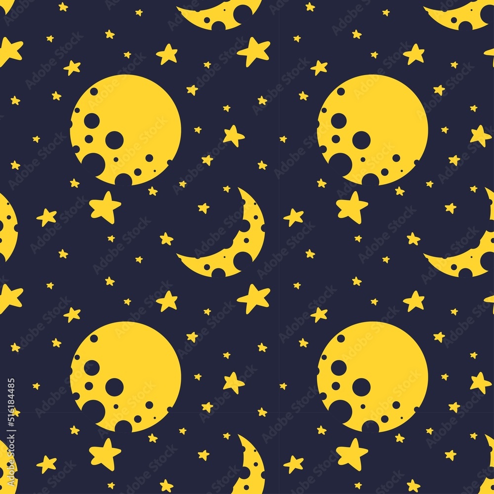 Seamless pattern with starry sky and moon. Sparkling stars in the dark sky. Space texture for printing on wallpapers, textiles and other backgrounds. Cartoon style illustration Seamless pattern with starry sky and moon. Sparkling stars in the dark sky. Space texture for printing on wallpapers, textiles and other backgrounds. Cartoon style illustration