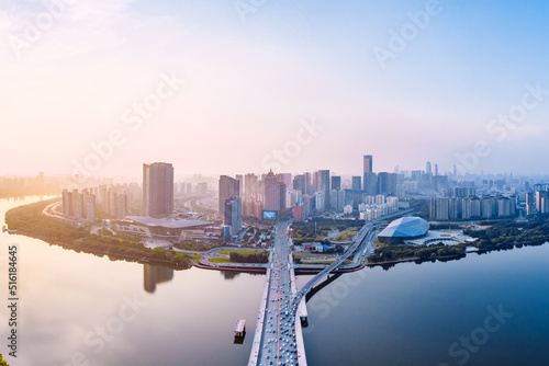 Cuadro en lienzo Panoramic view of CBD city skyline along Hun River in Shenyang, Liaoning, China