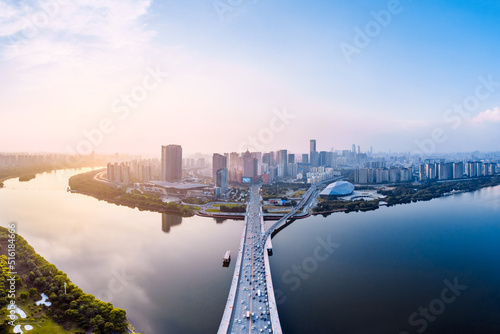 Panoramic view of CBD city skyline along Hun River in Shenyang, Liaoning, China