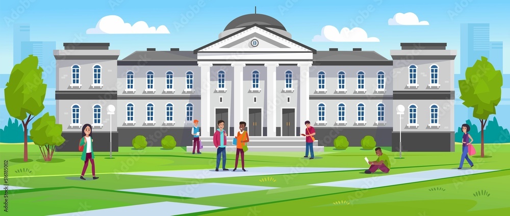 Landscape view of a university with students walking and sitting on the grass at a campus. College or university building in traditional architecture with columns and front yard. Vector illustration.