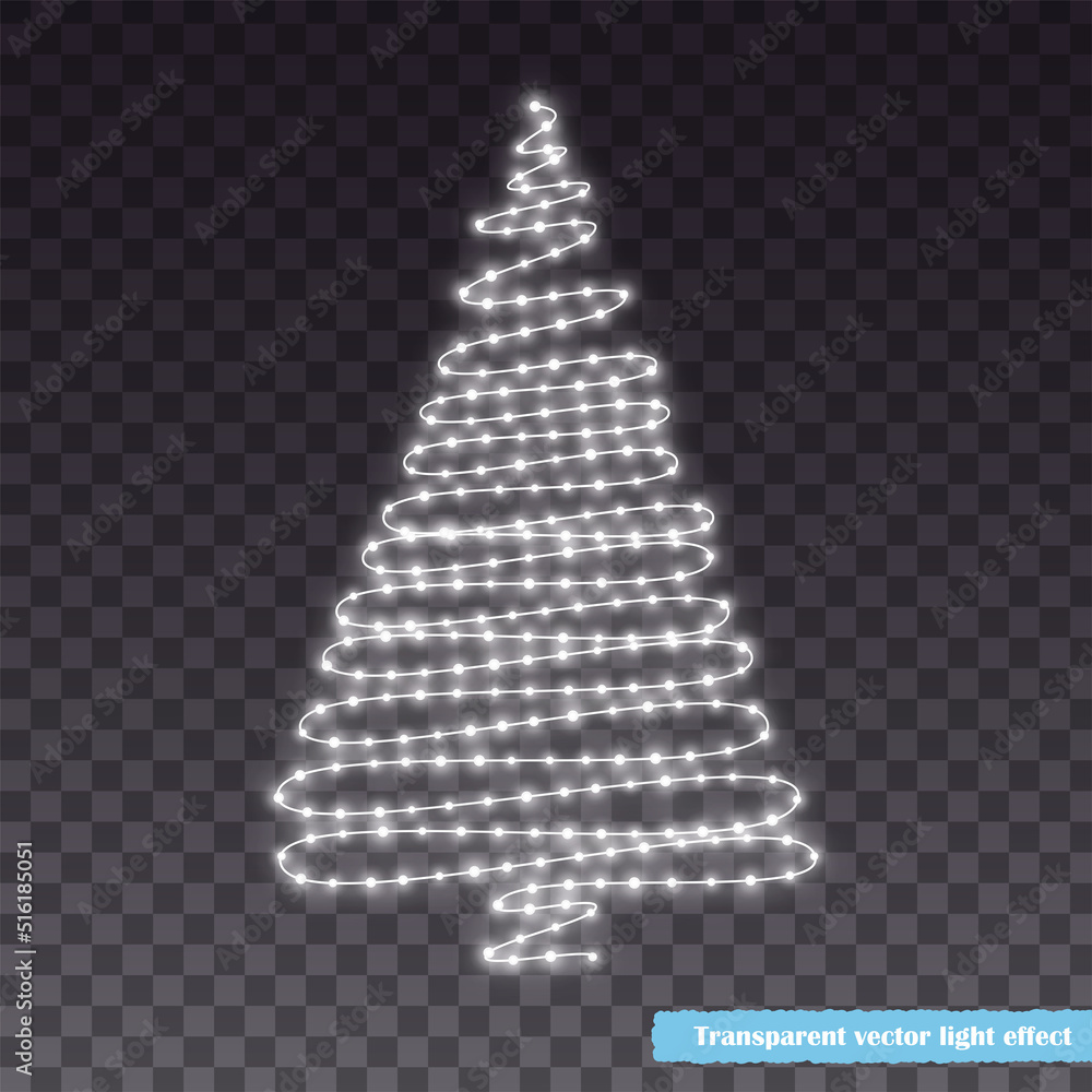 Fototapeta premium Christmas tree made of glowing lights isolated on transparent background. White Christmas tree as a New Year celebration symbol. Abstract vector illustration.