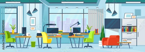 Modern office workspace interior design. Inside a neat empty co-working with workplaces: desk, computer, monitor, chair. Workstation furniture interior concept. Cartoon style vector illustration.