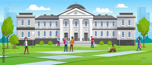 Landscape view of a university with students walking and sitting on the grass at a campus. College or university building in traditional architecture with columns and front yard. Vector illustration.