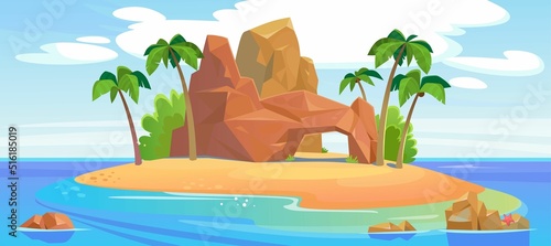 Uninhabited tropical island in the ocean with palms and paradise beach. Landscape background with a rocky mountain, green coconut trees, a sandy shore and blue water. Cartoon style vector illustration
