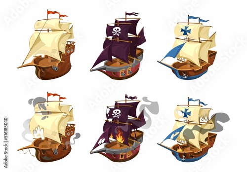 Set of old wooden ships with different flags. Pirate vessels and battleships with cannons and skulls on black sails. Broken ships in a fire on white background. Cartoon style vector illustration. © Microstocker.Pro