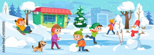 Winter background with children playing outside in a city park. Christmas landscape: happy kids with a dog make a snowman, skate, ski, sled and throw snowballs. Cartoon style vector illustration.