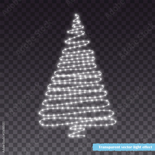 Christmas tree made of glowing lights isolated on transparent background. White Christmas tree as a New Year celebration symbol. Abstract vector illustration.