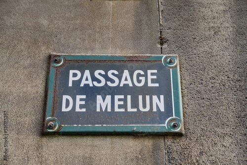 Passage de Melun. Plaque de nom de rue. Paris. France. photo