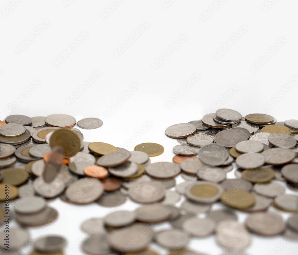 stack of thai baht coins falling on white background stack of thai baht coins falling on white background